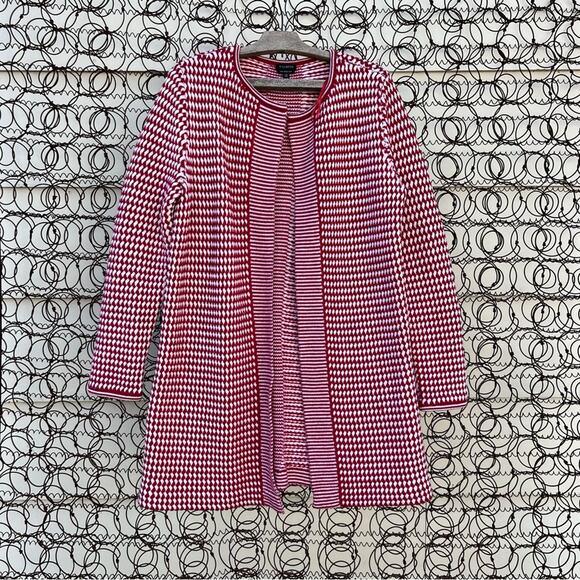 Talbots Merino Wool Red White Knit Open Front Cardigan Holiday Sweater MEDIUM - Picture 1 of 6